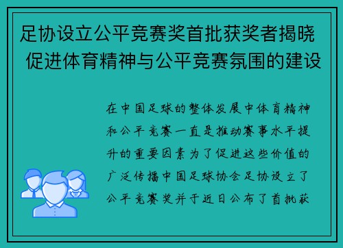 足协设立公平竞赛奖首批获奖者揭晓 促进体育精神与公平竞赛氛围的建设