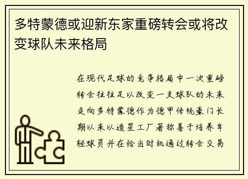 多特蒙德或迎新东家重磅转会或将改变球队未来格局
